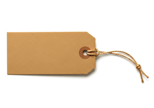 A brown paper tag tied with a string for packaging or labeling purposes. isolated on white background