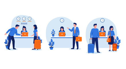 Fototapeta premium Hotel reception concept, registration hotel service, check in to hotel, Scene of visit to service center, set flat vector modern illustration 