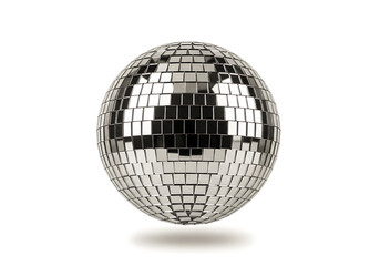 Fototapeta premium A reflective disco ball with a sleek metallic surface and intricate design pattern isolated on white background