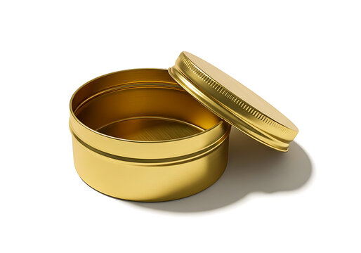 Elegant golden decorative box with hinged lid and intricate inner design isolated on white background