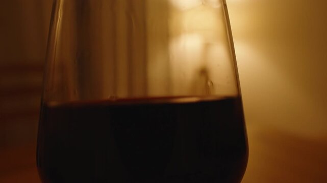Red Wine Gently Sloshing Inside a Glass Creating Fluid Motion with Soft Reflections Captured in Warm Indoor Lighting, Wine Dynamics Concept