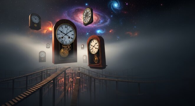 A surreal landscape features floating antique clocks drifting through dense dark mist over endless wooden stairways rising into a night sky, vision, shadow, mist