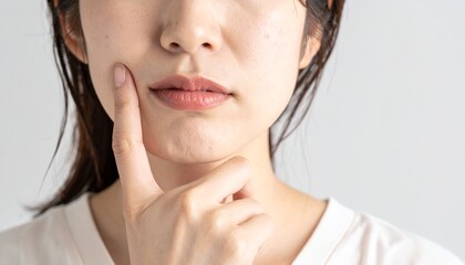 あごに指を当て考えるポーズをとる女性の口元と手のクローズアップ