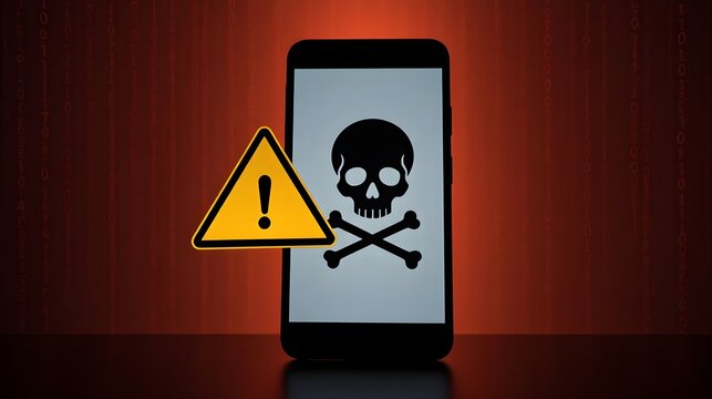 Smartphone with skull and crossbones symbol, warning sign