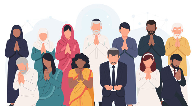 Diverse group of people from various cultures and religions praying together in unity and harmony.