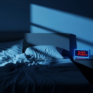 Interior view of a bed with messy sheets and a glowing digital clock at three am in a dark room with soft blue moonlight and copy space, mood, house, rest