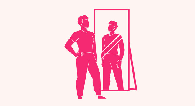 Woman looking in mirror reflection.