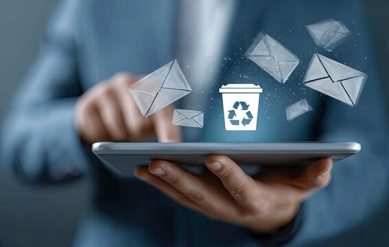 Email spam, inbox zero, deleting emails, recycling concept on tablet
