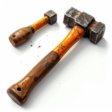 Two rustic square-head hammers a blacksmithing sledgehammer and a stubby hand hammer with aged wooden handles on a white surface