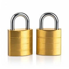 Fototapeta premium Two shiny brass padlocks sit closely together reflecting light on a clean white surface symbolizing security and privacy in a studio shot.
