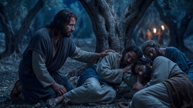 Jesus comforts sleeping disciples in the garden of gethsemane at night. Suitable for religious and spiritual concepts, as well as easter, biblical, and christian themes.
