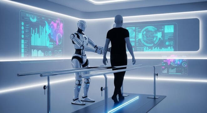 Futuristic medical robot assisting motion along chrome parallel bars in a luminous, high-tech therapy room with clean surfaces and space, bright, mobility, sunlight