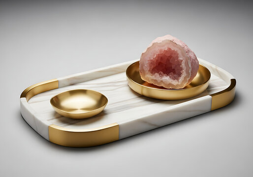 Elegant Marble Tray with Brass Accents Featuring a Pink Geode and Small Dish