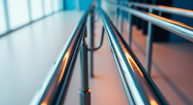 A detailed close up of polished metal parallel bars within a modern rehabilitation center, illustrating a path for mobility and recovery, joints, orthopedic, strength