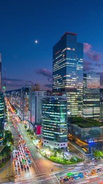 Vertical Timelapse, Traffic at night in Gangnam Business district.Seoul City, South Korea,Shoot  panning 