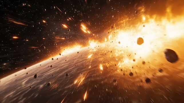 Cosmic scene depicts fiery cataclysm, a planet exploding amidst debris and bright light