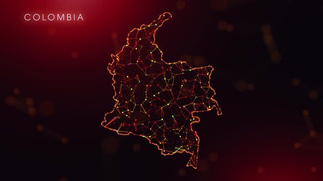A dynamic motion video showcasing the Colombia country border through a colorful plexus reveal. Glowing red and orange dots represent high-tech data communication and global digital networks.