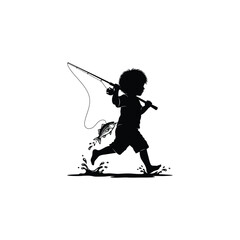 Fototapeta premium Boy runs with fishing rod catching fish in water outdoors quickly