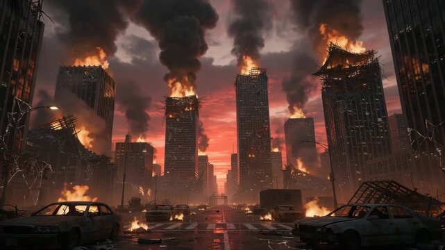 Desolate city street engulfed in fierce flames with collapsing skyscrapers and thick smoke in dramatic urban disaster scene