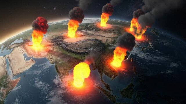 Dramatic Earth view from space showing multiple fiery explosions across Asia in ultra high definition