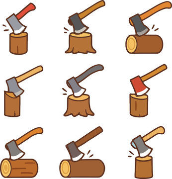 Cartoon ax throwing illustration with nine axe chopping wood block