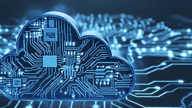 Digital cloud computing infrastructure with glowing circuit board patterns