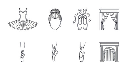 Ballet Dancer Icons: Tutu, Pointe Shoes, Hair, Stage Curtains, Archway © febri