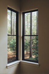 Fototapeta premium Through the windows, you can see a serene view of towering trees and lush greenery, all nestled within a peaceful forest setting, bathed in the warm glow of natural daylight