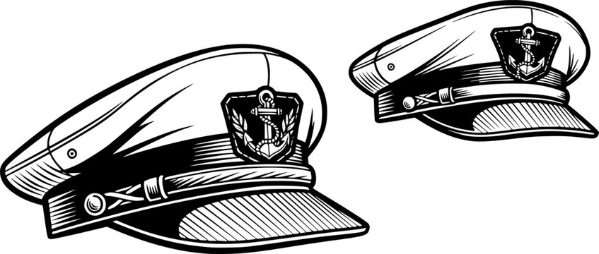 Four different captain's hats in various black and white vintage illustration styles, perfect for maritime and nautical themes.

