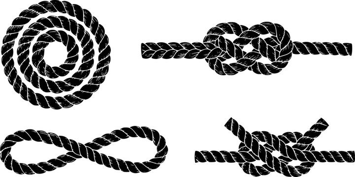 Set of four hand-drawn rope knots in a black ink brush stroke style, featuring circular, braided, and figure-eight shapes for nautical or maritime themed designs