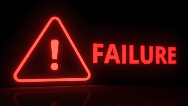 This shows a neon sign with a warning symbol and the word FAILURE in a dark room, indicating technical difficulties and error screens.