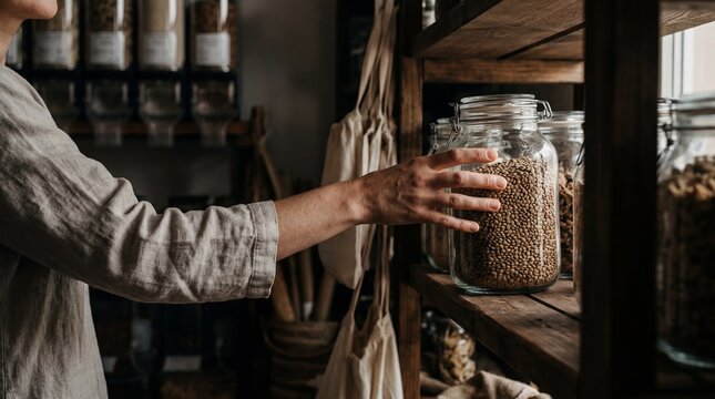 Person shopping for bulk dry food in a zero waste store