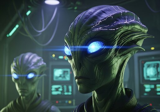 Intense Gaze of Extraterrestrial Beings in Advanced Control Room.