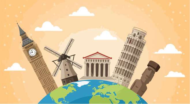 Illustration of famous landmarks from around the world rising from the globe against a sunny orange background with clouds.