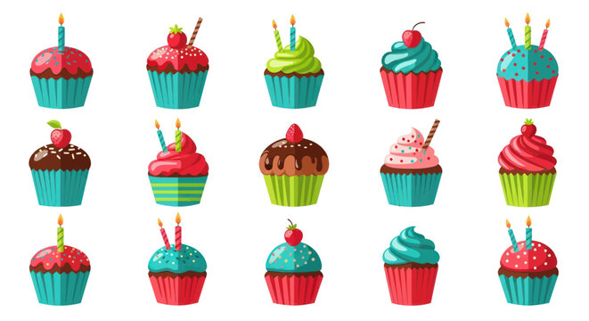 Assorted Colorful Cupcakes with Candles and Toppings, Birthday Party Treats