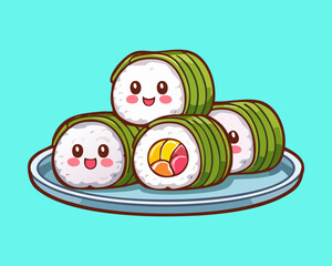 Four cute sushi maki rolls on a plate with happy faces in flat kawaii style - Vector Illustration © powdesign