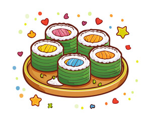 Smiling sushi maki roll characters with cute faces and sparkles in flat kawaii cartoon style - Vector Illustration © powdesign