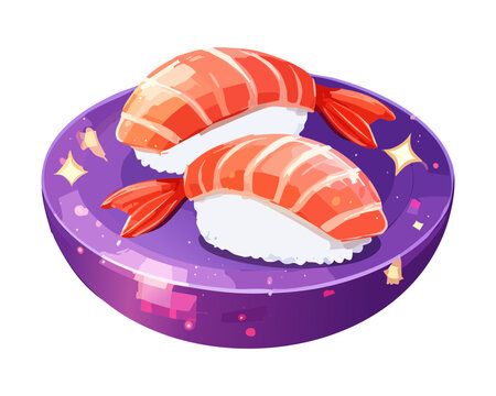 Pair of shrimp sushi nigiri on a purple plate for conveyor belt sushi restaurant menu - Vector Illustration