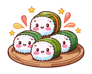 Kawaii sushi maki roll characters on a plate with happy expressions for restaurant branding design - Vector Illustration © powdesign