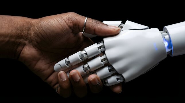 A human hand shaking a robotic hand in a symbol of partnership and innovation in technology