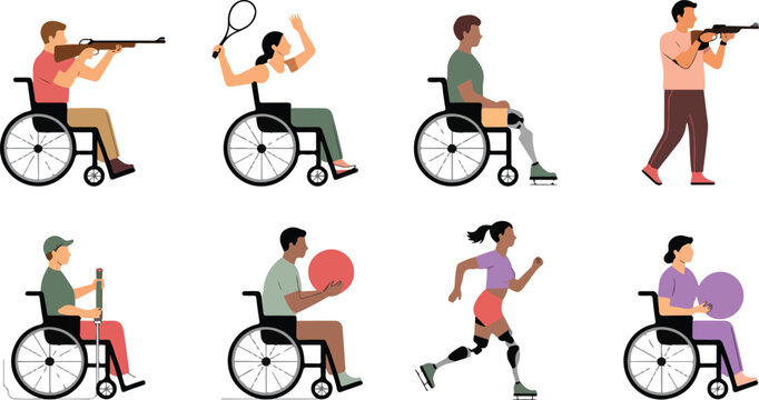 Set of Diverse Para-Athletes and People with Disabilities Practicing Sports Including Wheelchair Tennis Basketball and Shooting Flat Vector Illustration