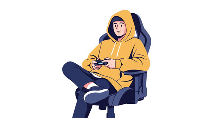 Young man in a yellow hoodie playing video games while sitting in a gaming chair. © JJ_Stock