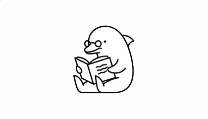 Fototapeta premium Cute cartoon dolphin wearing glasses reading a book, isolated on white background