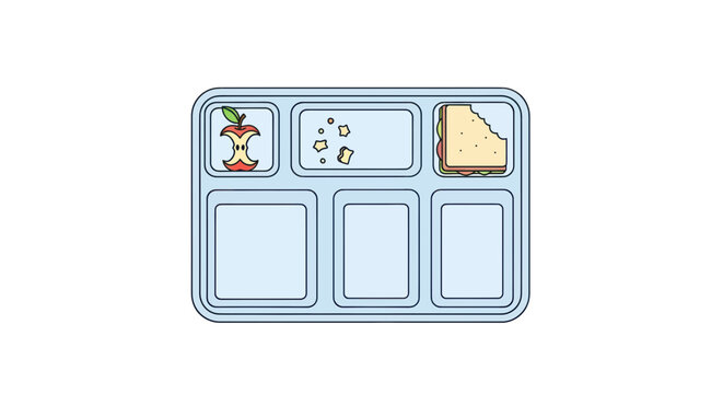 School lunch tray with apple core and half-eaten sandwich on white background
