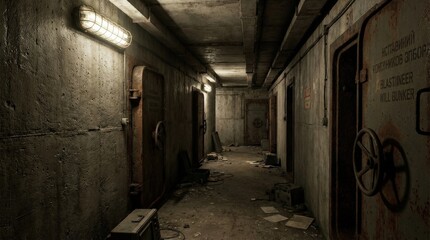 Naklejka premium Cold War era anti-nuclear bunker corridor, abandoned underground shelter with steel doors, dim industrial lighting, concrete walls and a haunting atmosphere of secrecy and protection, photorealistic