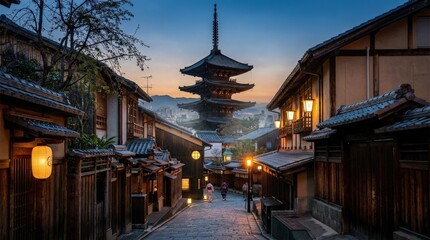 Fototapeta premium A traditional Kyoto street scene with a pagoda rising above historic wooden buildings, lantern-lit lanes, tiled roofs and quiet temple district ambience at blue hour, subtle mist and refined cultural