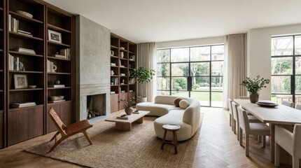 Fototapeta premium serene luxury living room interior mockup, bookcase walls, a sculpted sofa, accent chair, fireplace, broad windows, parquet flooring and a seamless dining area, balanced decor and clean residential