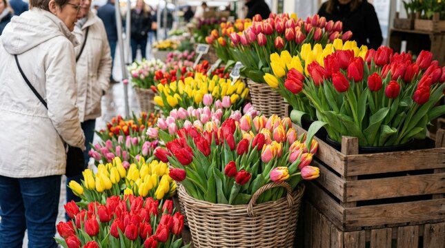 Colorful bouquets of tulips arranged in market display, vibrant reds, yellows and pinks filling the frame, fresh spring atmosphere, natural light enhancing textures, photorealistic floral composition,