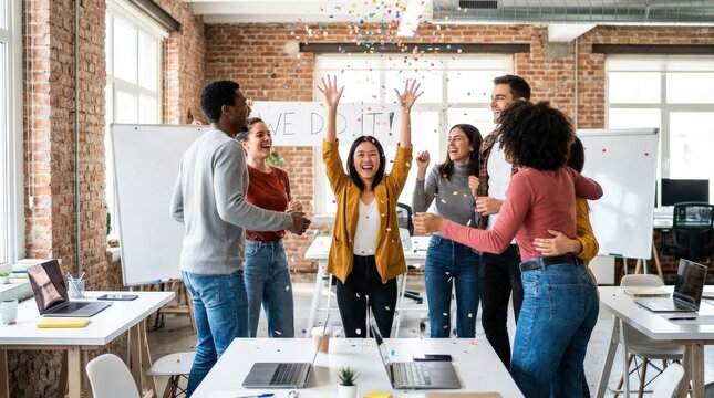 Diverse group of young professionals celebrating a breakthrough in a modern office, confetti suspended midair, joyful faces and spontaneous movement capturing startup success and team spirit, bright