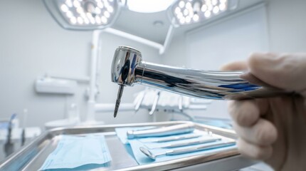 Naklejka premium Close-up of dental drill tool in modern clinic, metallic surface reflecting light, sterile environment and precision detail, macro focus, shot on Nikon Z6,no logos